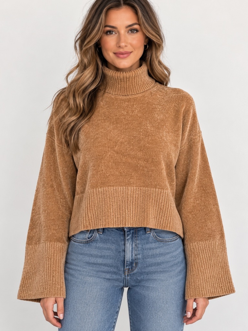 Ultra Soft Camel Chenille Cropped Turtleneck Sweater